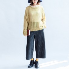 yellow fashion cotton sweater oversize side open cable knit hollow out sweaters