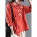 Loose Red Embroideried Floral Linen Top Half Sleeve