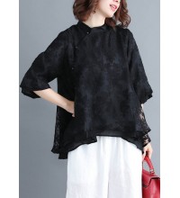 French Button lace clothes Women Inspiration black Plus Size Clothing shirt Summer