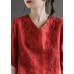 Vintage Red V Neck Embroideried Top Half Sleeve