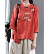 Loose Red Embroideried Floral Linen Top Half Sleeve