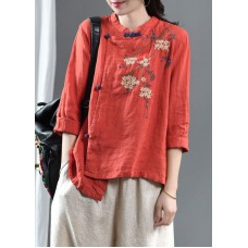 Loose Red Embroideried Floral Linen Top Half Sleeve