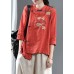 Loose Red Embroideried Floral Linen Top Half Sleeve