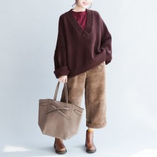 Plus size cotton sweaters burgundy casual loose long knit pullover